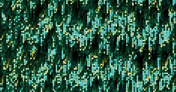 Green and gold sequins turn up in a random pattern. Front view of gorgeous waving pattern background. 4K 3D rendering loop animation.