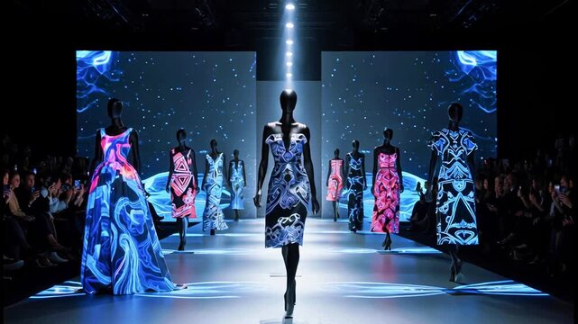 Fashion show with models in unique dresses illuminated with graphic designs, under spotlights, on runway