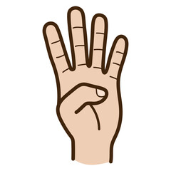 Raised Hand Showing Four Fingers in Cartoon Style on Transparent Background Vector Illustration Isolated