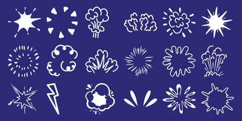 Collection of White Hand-Drawn Explosion and Burst Icons on a Blue Background © stock Alom
