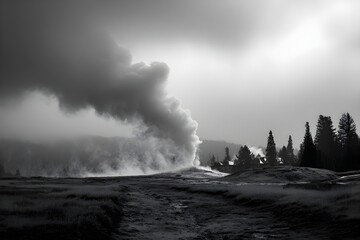 Fototapeta premium Geyser Basin Steaming Plume Geothermal Documentary Natural Hot Spring Volcanic Landscape Photography Nature