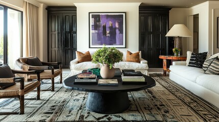 Artful modern living room with black decorative elements, cozy textures, and abstract wall art that blends warm neutral tones.