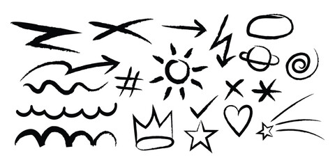 Hand drawn doodle set. Brush painted grunge symbols containing star, sun, arrow, crown, wave and more. Transparent vector