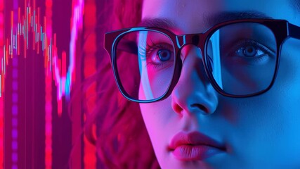 Cyberpunk neon glasses woman analytics chart finance data technology reflection evokes focused intensity neon finance visualization drives curiosity - Powered by Adobe