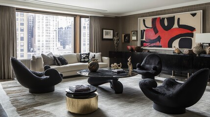 Designer living room blending modern black sculptural decor with plush neutral textures and oversized abstract wall art.
