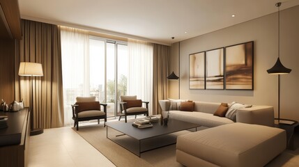 Elegant modern lounge with matte black accent furniture, soft linen cushions, and a neutral palette highlighted by abstract canvas art .