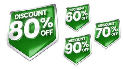 3D Green Discount Labels Badge 60 70 80 90 Percent Off with Transparent Background for Ramadhan, christmas and other event sale