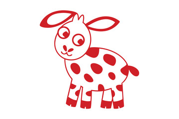 Adorable white goat with red polka dots is standing and smiling cutely