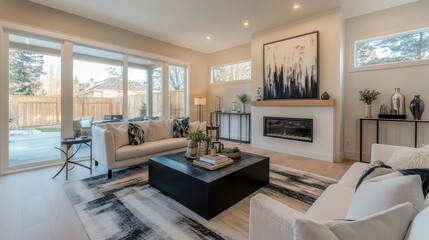 Modern living room featuring sculptural black decor pieces, soft beige textiles, and abstract wall art in warm neutral tones, creating a cozy yet sophisticated ambiance.