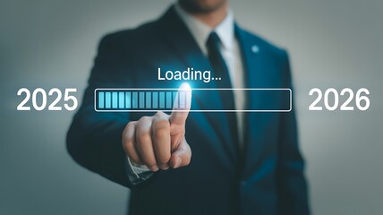 Businessman touching a loading bar transitioning from the year 2025 to 2026 symbolizing progress and future planning
