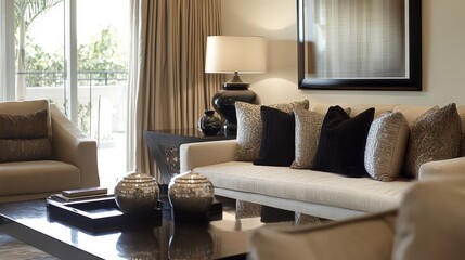 Modern living room featuring sculptural black decor pieces, soft beige textiles, and abstract wall art in warm neutral tones, creating a cozy yet sophisticated ambiance.