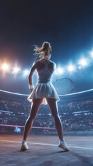 Female tennis player in white dress poised on court under stadium lights showing focus and determination