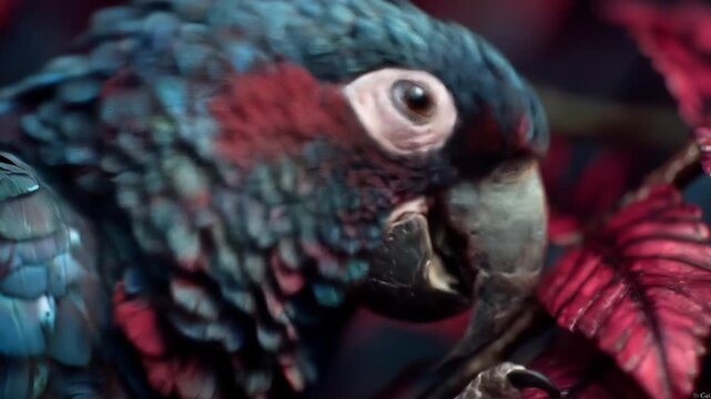 Close up of a colorful macaw parrot perched amidst vibrant red leaves