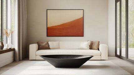 Sophisticated interior design showcasing sculptural black coffee table, cream sofas, and warm-toned abstract art on clean neutral walls.