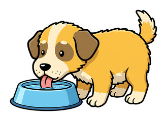 可愛い子犬が水を飲む様子、舌を出す愛らしい姿、ペットの癒し画像、ペットのイラスト