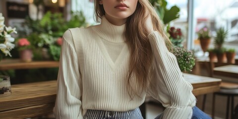 Woman in a cream turtleneck sweater and vest, seated.