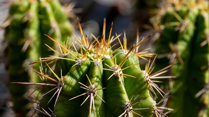 Close up macro shot of a vibrant green cactus with sharp golden spines and a blurred background of other cacti