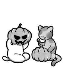 Illustration Black and White Lineart Simple Cat Pumpkin Head