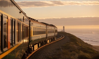 Fototapeta premium Train journey along coastline, sunlit rails, distant lighthouse, golden hour sky