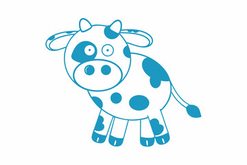 Cartoon cow with blue spots and funny expression stands on a white background