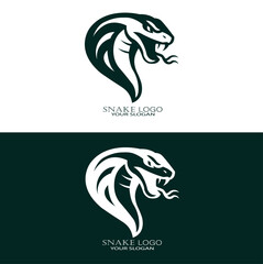 Stylized cobra snake head logo design in two versions, one dark on white and one white on dark, with text 'SNAKE LOGO' and 'YOUR SLOGAN'.