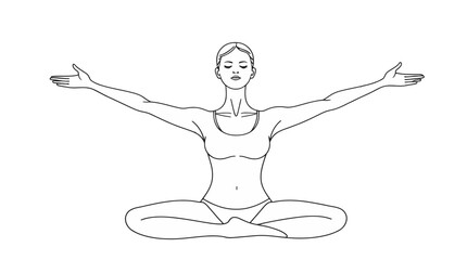 Woman in seated yoga pose with arms extended, palms up, in a line drawing.
