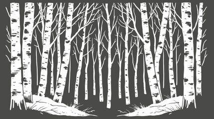 A stylized illustration of a birch forest with white trees against a dark background, showing a wintery scene. © yosef