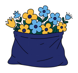 青と黄色の花々が咲く、紺色の可愛らしい袋のイラスト。春の優しいイメージ、背景は黒
