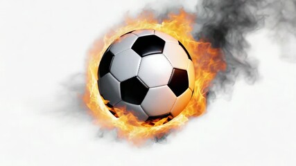 A flaming soccer ball surrounded by thick swirling smoke blazes across a stark white background, symbolizing intense energy, speed, momentum, fiery gameplay, and high-stakes athletic performance.
