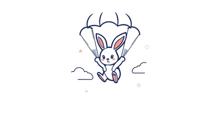 A cheerful cartoon bunny is descending from the sky with a parachute.