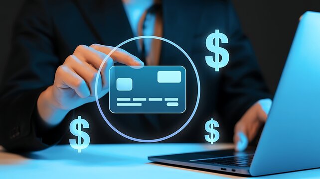 Businesswoman using a credit card with digital currency and dollar signs floating around her laptop for online transactions - Powered by Adobe