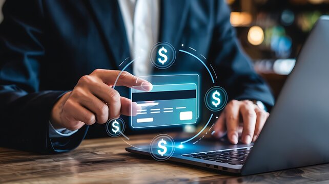 Close up of a person s hands using a credit card and laptop with digital currency symbols and financial technology overlay