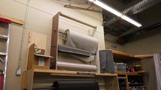 Backward dolly reveals plastic and fabric rollers with boxes and tools nearby