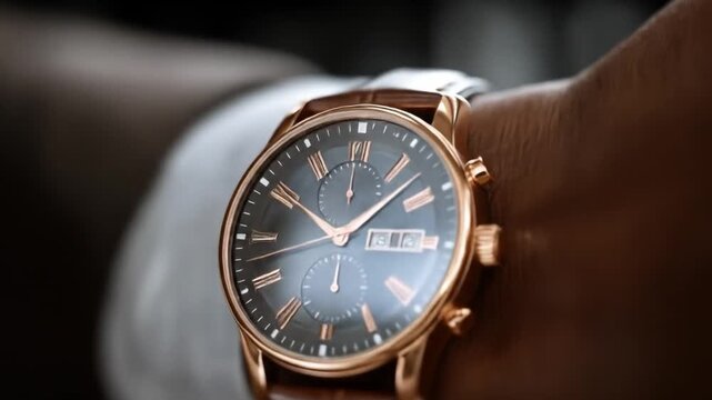 Close up of a gold wristwatch with leather strap on a dark background