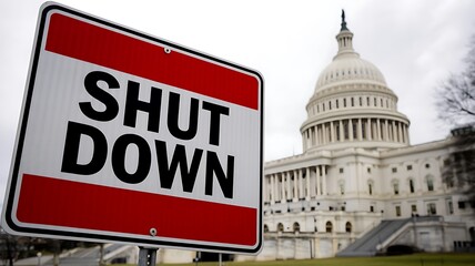 Government shutdown sign in front of the united states capitol building symbolizing political crisis and federal government closure