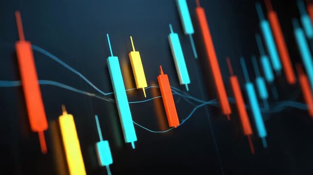 Colorful financial candlestick chart with blue, yellow, and red bars showing market trends and data analysis dark background, colorful candlestick chart financial data stock market trading graph