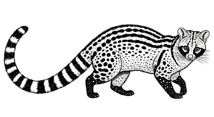 A detailed black and white illustration of a genet walking, showing its distinctive spotted and striped pattern.