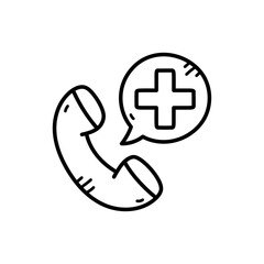 Telephone Handset with Plus Sign in Speech Bubble Isolated on White Background Doodle Style