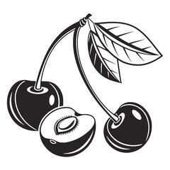 Stylized black and white cherries with leaves and a cut cherry