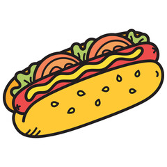 Vibrant Hotdog Doodle with Mustard and Vegetables on Transparent Background