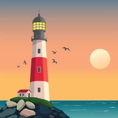 Red and white lighthouse on rocky coast during sunset, birds flying over calm sea with warm orange sky and glowing sunlight.
