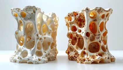 Two anatomical models comparing healthy, dense cancellous bone with porous, fragile osteoporotic bone.