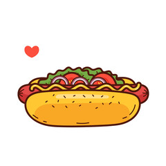 Pixel Art Hotdog with Mustard Lettuce Tomato and Onion on Transparent Background with Red Heart Icon Delicious Snack
