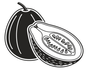 Black and white illustration of a whole and halved pepino melon