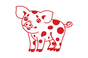 Cartoon piglet standing cheerfully showcases red polka dots against a crisp white backdrop