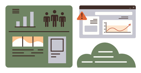 Dashboard with charts, user icons, cloud storage, and alert mark highlights data management, analytics. Ideal for teamwork, productivity, technology, monitoring cloud computing planning simple