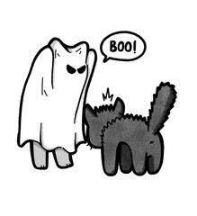 Illustration Black and White Lineart Simple Cat Scares As A Ghost
