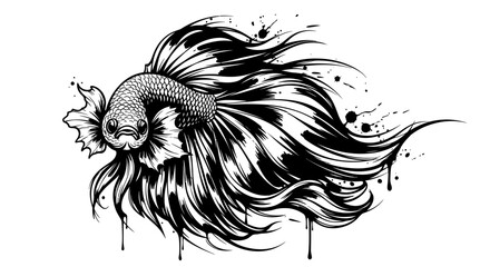 A detailed black and white illustration of a Siamese fighting fish with flowing fins and ink splatters.
