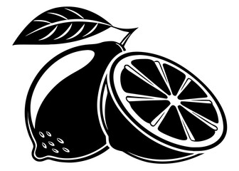 Stylized white citrus fruit and leaf on black background