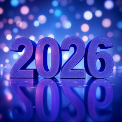 Sparkling Blue 2026 New Year Numbers on Reflective Surface with Glowing Lights and Bokeh Background Isolated on White P N G Download for Social Media Advertisement Banner